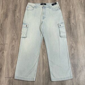 Hollister Men’s Casual Blue Wash Ultra High Rise Straight Leg Cargo Dad Jeans